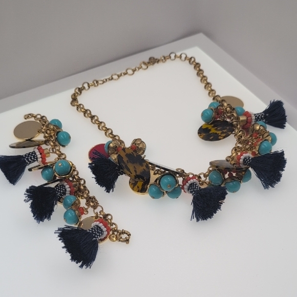 J. Crew Beautiful Chaos Gold, Turquoise, Red, White, Blue Necklace + Bracelet - Picture 1 of 6